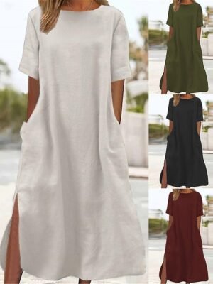 Casual Loose Plain Crew Neck Short Sleeve Maxi Dress - Image 1