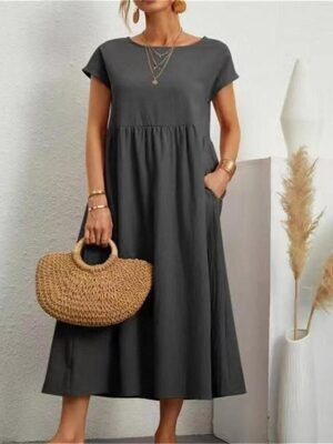 Casual Loose Plain Crew Neck Short Sleeve Midi Dress - Image 11