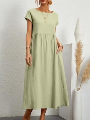 Casual Loose Plain Crew Neck Short Sleeve Midi Dress - Image 12