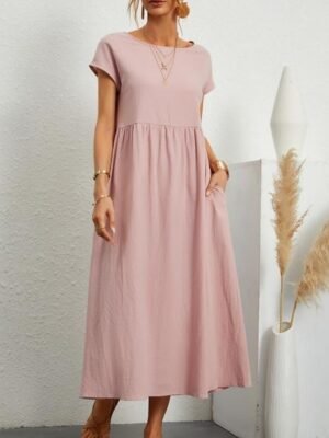 Casual Loose Plain Crew Neck Short Sleeve Midi Dress - Image 13