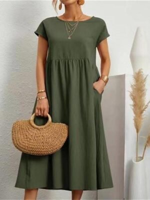Casual Loose Plain Crew Neck Short Sleeve Midi Dress - Image 14