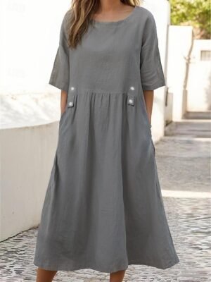 Casual Loose Plain Crew Neck Short Sleeve Midi Dress - Image 4