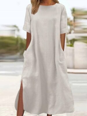 Casual Loose Plain Crew Neck Short Sleeve Maxi Dress - Image 4