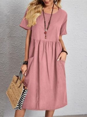Casual Loose Plain Crew Neck Short Sleeve Midi Dress - Image 4