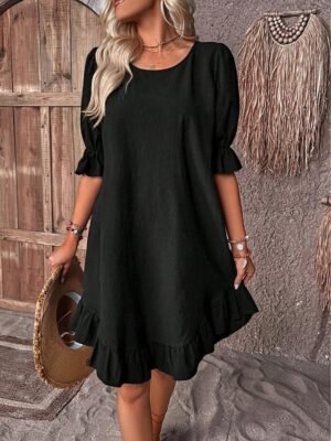 Casual Loose Plain Crew Neck Short Sleeve Midi Dress - Image 4