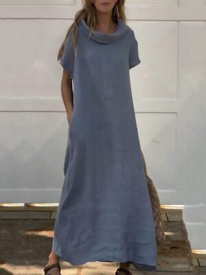 Casual Loose Plain Crew Neck Short Sleeve Maxi Dress - Image 4