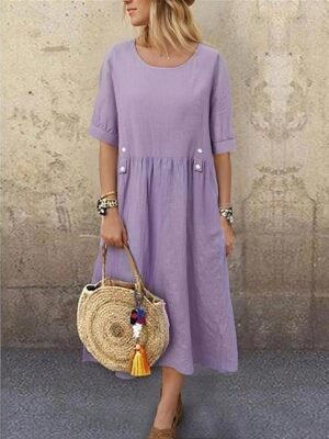 Casual Loose Plain Crew Neck Short Sleeve Midi Dress - Image 5
