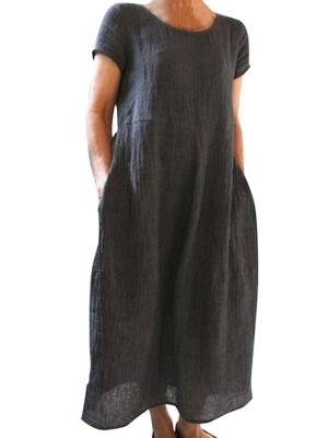 Casual Loose Plain Crew Neck Short Sleeve Maxi Dress - Image 5