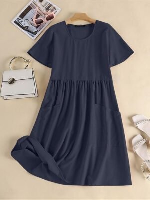 Casual Loose Plain Crew Neck Short Sleeve Midi Dress - Image 5