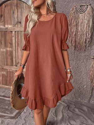 Casual Loose Plain Crew Neck Short Sleeve Midi Dress - Image 5