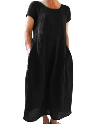 Casual Loose Plain Crew Neck Short Sleeve Maxi Dress - Image 6