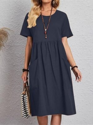 Casual Loose Plain Crew Neck Short Sleeve Midi Dress - Image 6