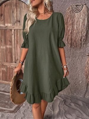 Casual Loose Plain Crew Neck Short Sleeve Midi Dress - Image 6