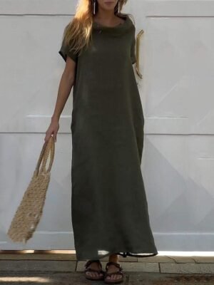 Casual Loose Plain Crew Neck Short Sleeve Maxi Dress - Image 6