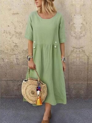 Casual Loose Plain Crew Neck Short Sleeve Midi Dress - Image 6