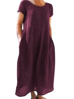 Casual Loose Plain Crew Neck Short Sleeve Maxi Dress - Image 7