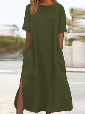 Casual Loose Plain Crew Neck Short Sleeve Maxi Dress - Image 7