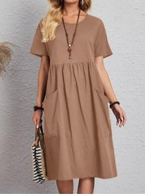 Casual Loose Plain Crew Neck Short Sleeve Midi Dress - Image 7