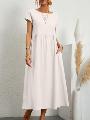 Casual Loose Plain Crew Neck Short Sleeve Midi Dress - Image 8