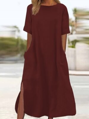 Casual Loose Plain Crew Neck Short Sleeve Maxi Dress - Image 8