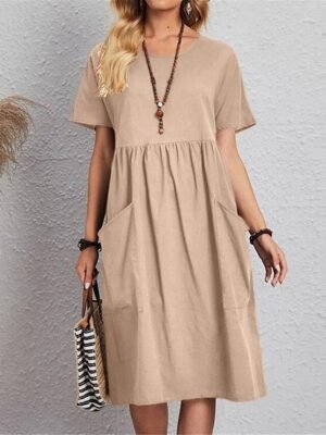 Casual Loose Plain Crew Neck Short Sleeve Midi Dress - Image 8