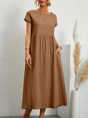 Casual Loose Plain Crew Neck Short Sleeve Midi Dress - Image 9
