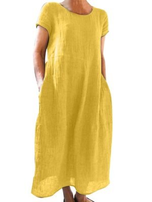 Casual Loose Plain Crew Neck Short Sleeve Maxi Dress - Image 9