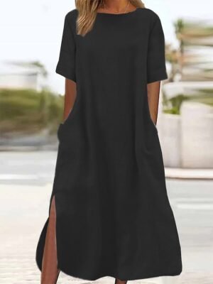 Casual Loose Plain Crew Neck Short Sleeve Maxi Dress - Image 9