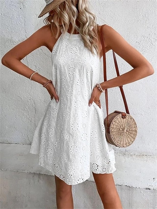 Casual Loose Plain Halter Sleeveless Mini Dress - Image 1