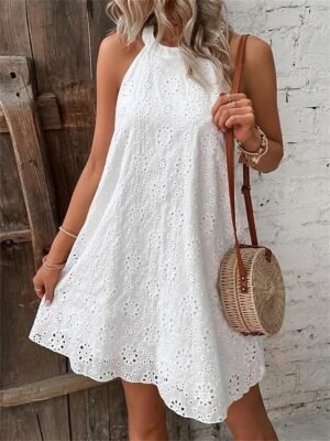 Casual Loose Plain Halter Sleeveless Mini Dress - Image 2