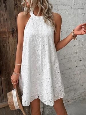 Casual Loose Plain Halter Sleeveless Mini Dress - Image 4