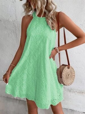 Casual Loose Plain Halter Sleeveless Mini Dress - Image 5