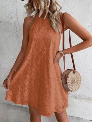 Casual Loose Plain Halter Sleeveless Mini Dress - Image 6