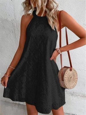 Casual Loose Plain Halter Sleeveless Mini Dress - Image 7