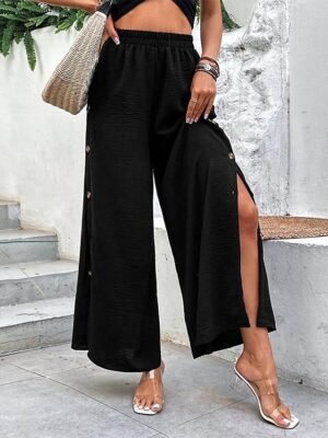 Casual Loose Plain High Waist Full Length Trousers - Image 1