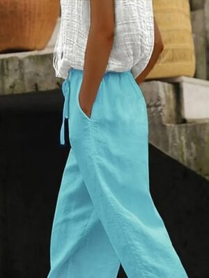 Casual Loose Plain High Waist Full Length Chinos - Image 2
