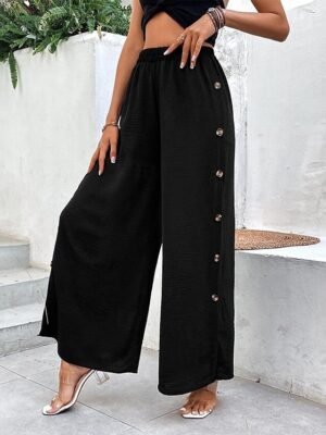 Casual Loose Plain High Waist Full Length Trousers - Image 4