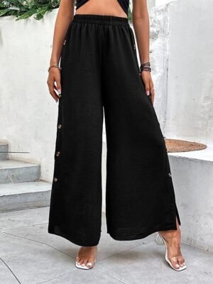 Casual Loose Plain High Waist Full Length Trousers - Image 5