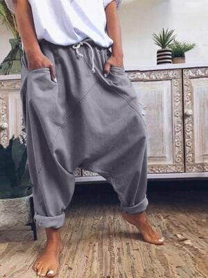 Casual Loose Plain Mid Waist Full Length Harem Pants - Image 2