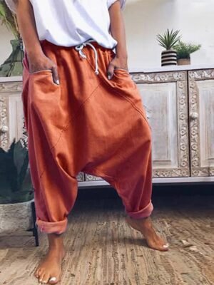 Casual Loose Plain Mid Waist Full Length Harem Pants - Image 4