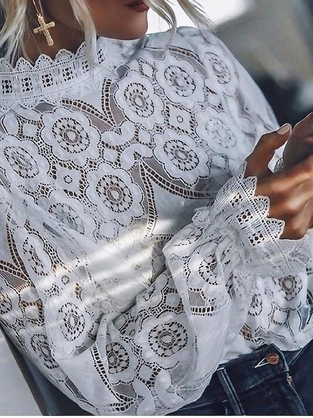 Casual Loose Plain Round Neck Long Sleeve See Through Blouse - Image 1