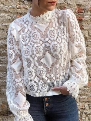 Casual Loose Plain Round Neck Long Sleeve See Through Blouse - Image 2