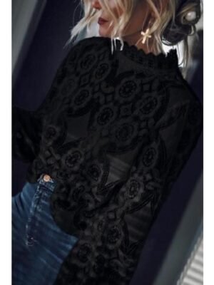 Casual Loose Plain Round Neck Long Sleeve See Through Blouse - Image 3
