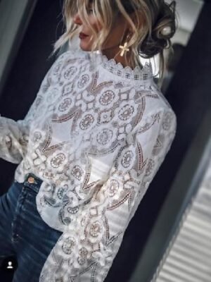 Casual Loose Plain Round Neck Long Sleeve See Through Blouse - Image 4