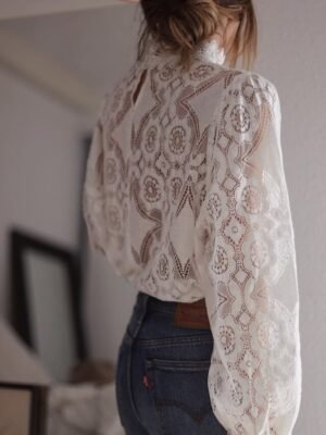 Casual Loose Plain Round Neck Long Sleeve See Through Blouse - Image 5
