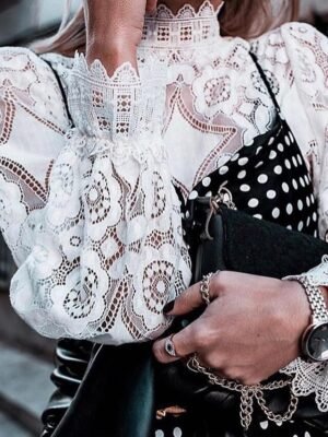 Casual Loose Plain Round Neck Long Sleeve See Through Blouse - Image 6