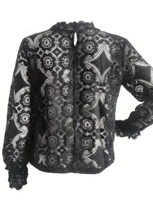 Casual Loose Plain Round Neck Long Sleeve See Through Blouse - Image 8