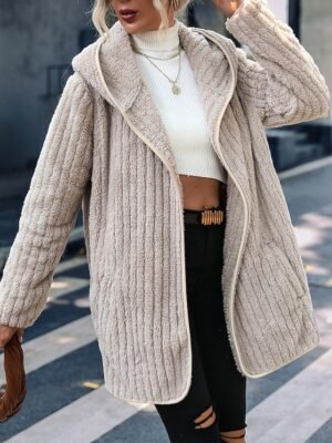 Casual Loose Plain Turndown Long Sleeve Sherpa Jacket - Image 1