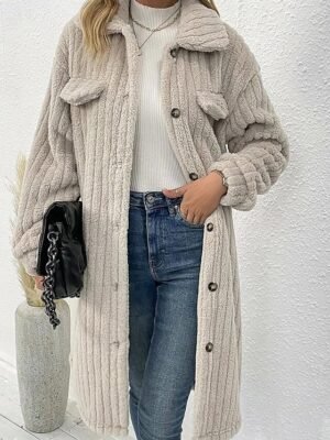 Casual Loose Plain Turndown Long Sleeve Long Teddy Coat - Image 1