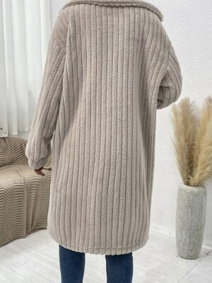Casual Loose Plain Turndown Long Sleeve Long Teddy Coat - Image 2